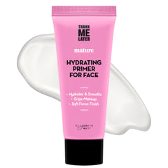Elizabeth Mott Thank Me Later Primer bottle closeup for hydrated skin and smooth base.