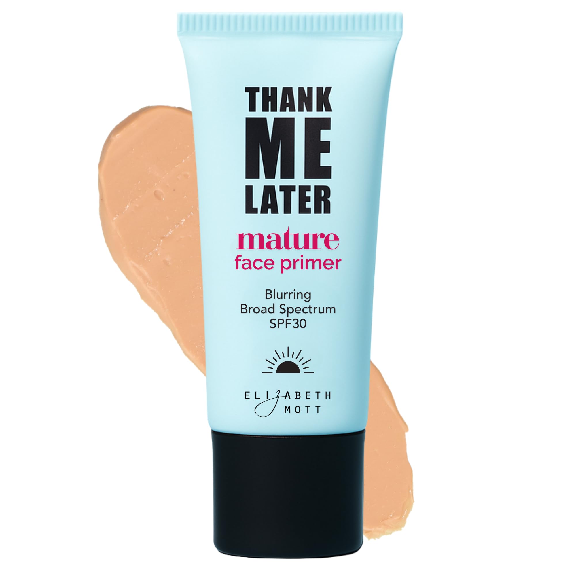 Elizabeth Mott Thank Me Later Primer bottle with smooth, hydrated base