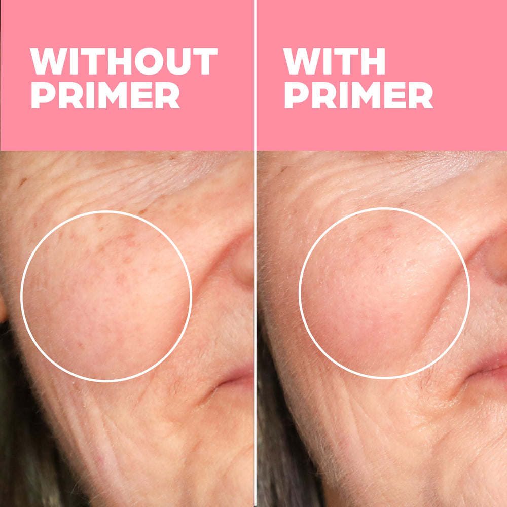 Elizabeth Mott Thank Me Later Primer face-application shown smoothing texture for mature skin.