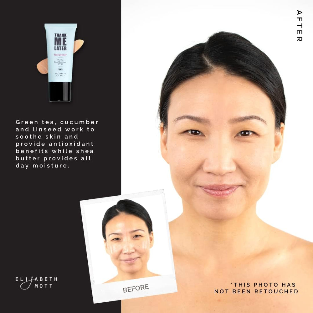 Elizabeth Mott Thank Me Later Primer shows no white cast on skin