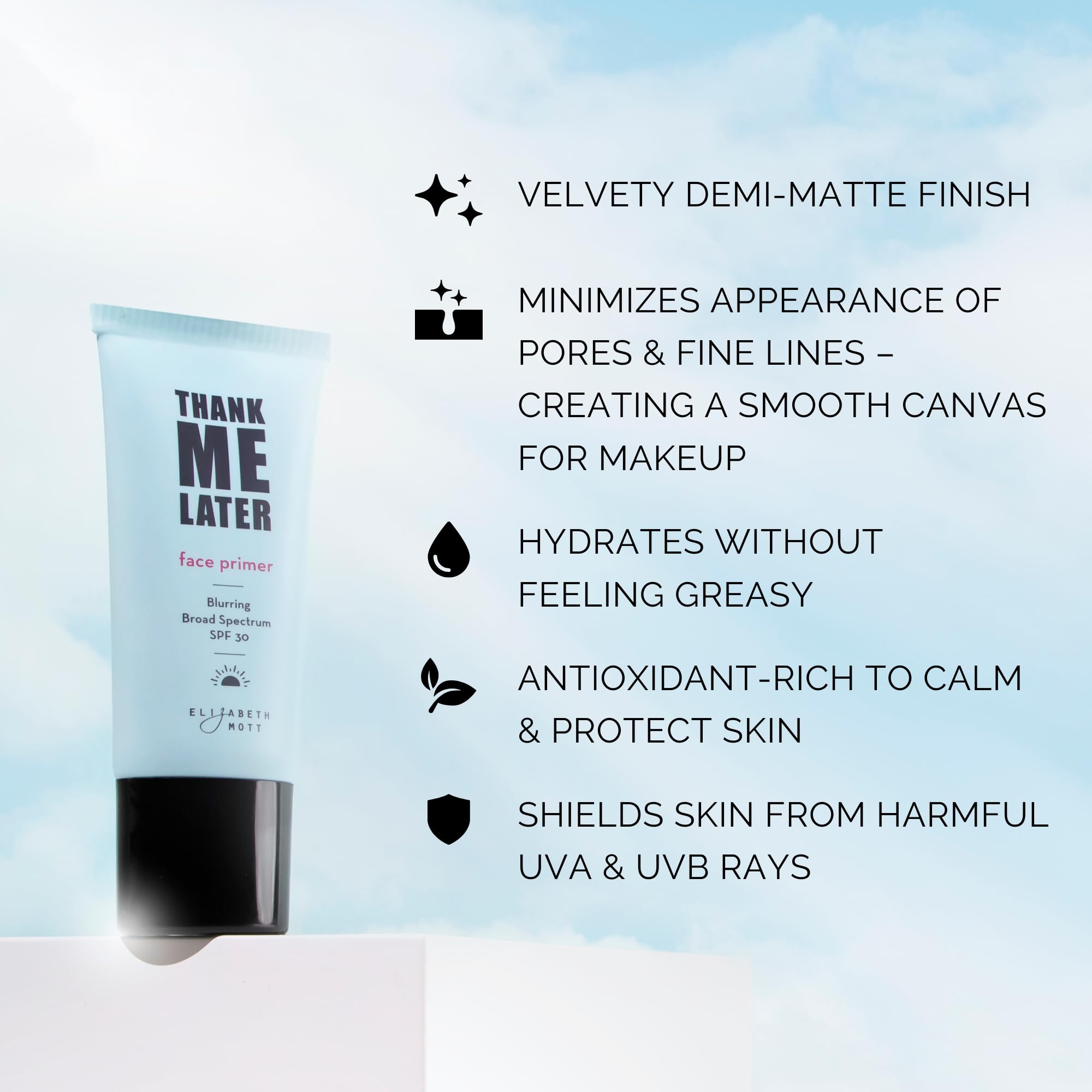 Elizabeth Mott Thank Me Later Primer swatch showing a demi-matte, blurred finish