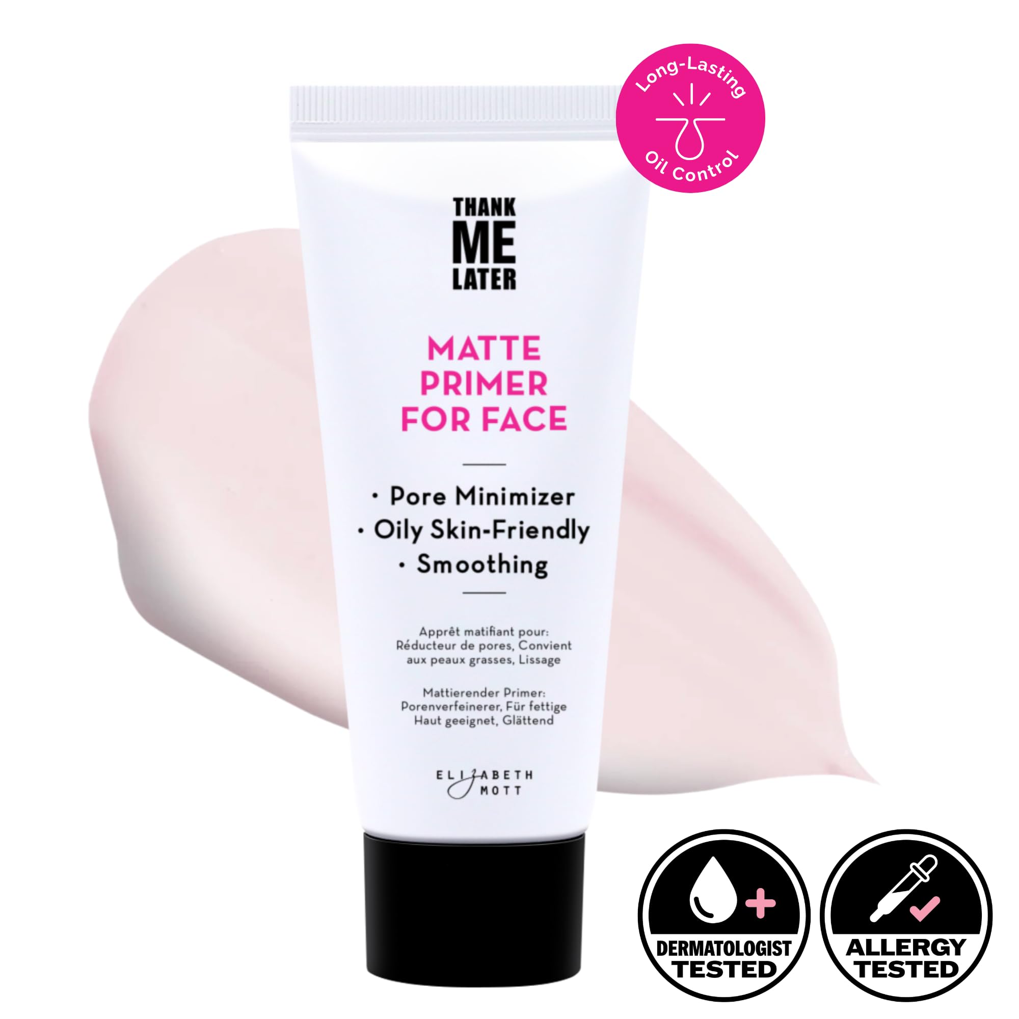 Elizabeth Mott Thank Me Later primer swatch on hand shows smooth matte base