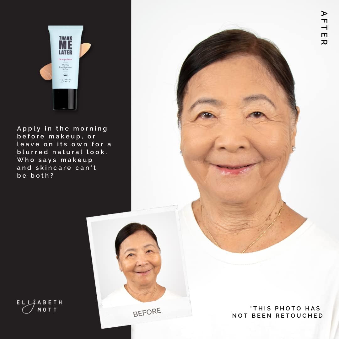Elizabeth Mott Thank Me Later Primer applied under makeup for a soft-focus base