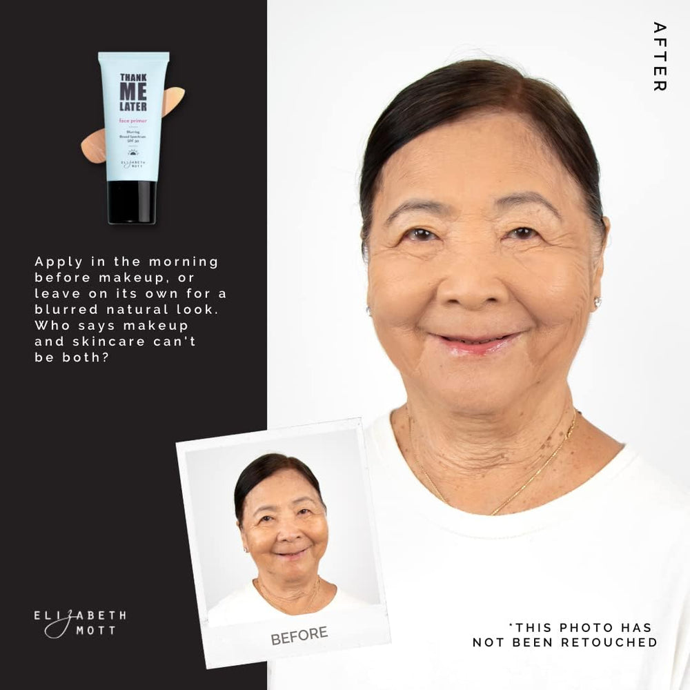 Elizabeth Mott Thank Me Later Primer applied under makeup for a soft-focus base