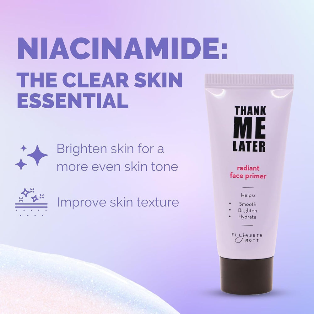Elizabeth Mott Thank Me Later primer bottle with packaging emphasizes cruelty-free assurance.