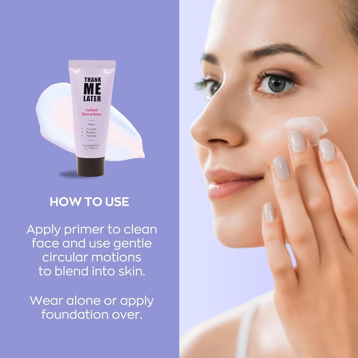 Elizabeth Mott Thank Me Later primer on skin glow captures radiant pore-minimizing prep.