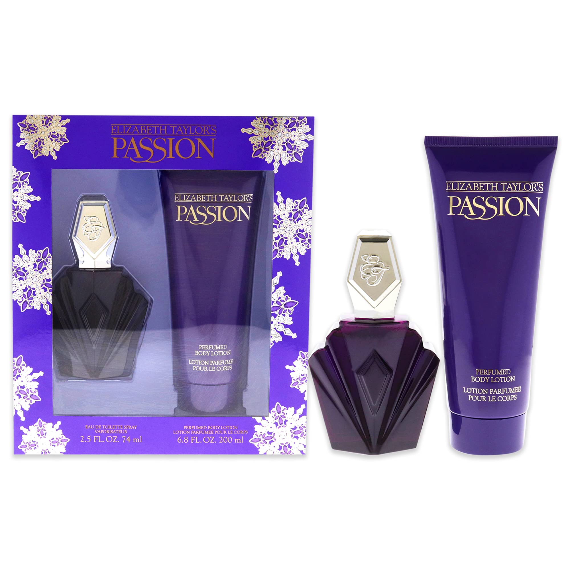 Elizabeth Taylor Passion perfume set bottle closeup showing sleek bottle for everyday luxury.