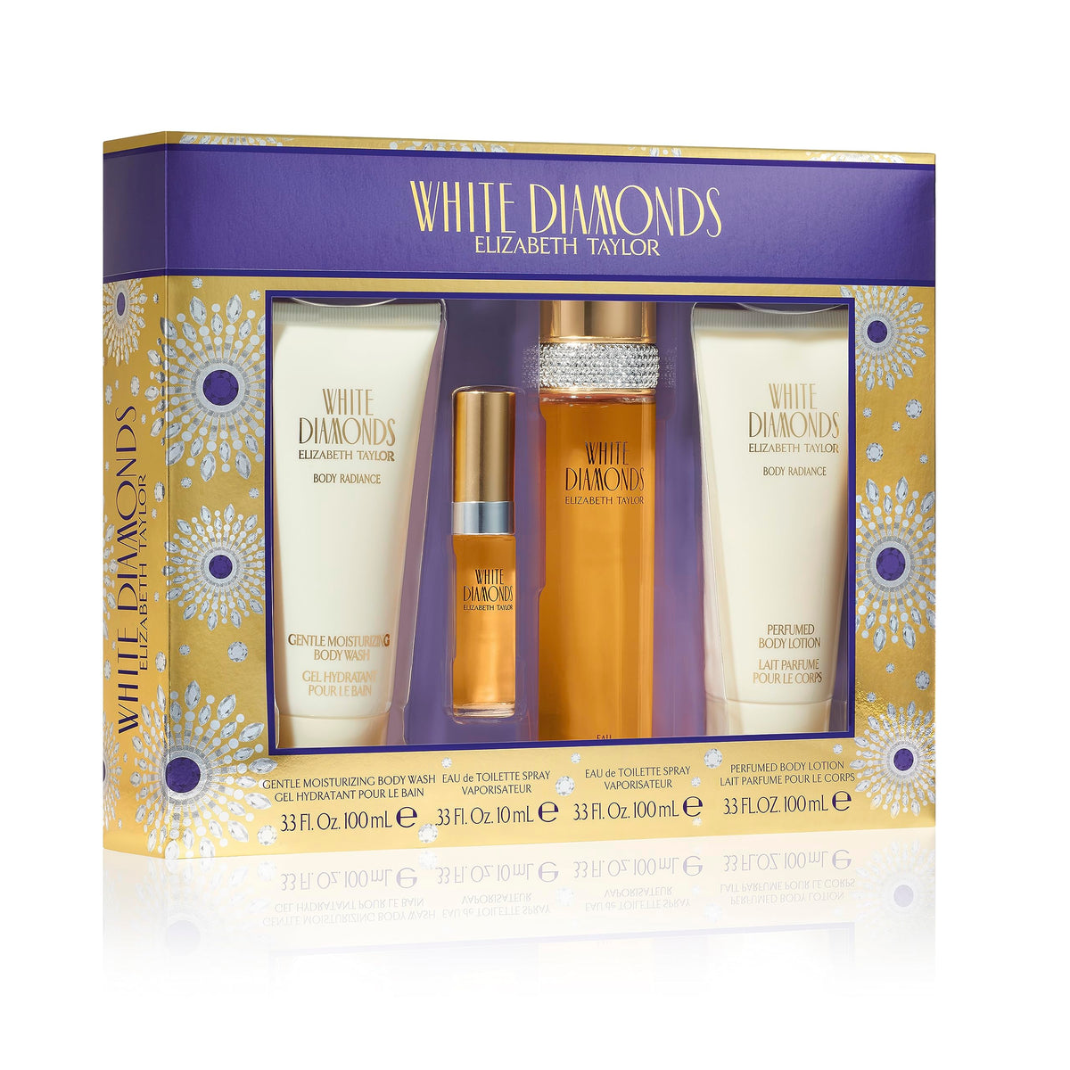 Elizabeth Taylor White Diamonds 4-Piece Set bottle image, showcasing a gift-ready fragrance trio.