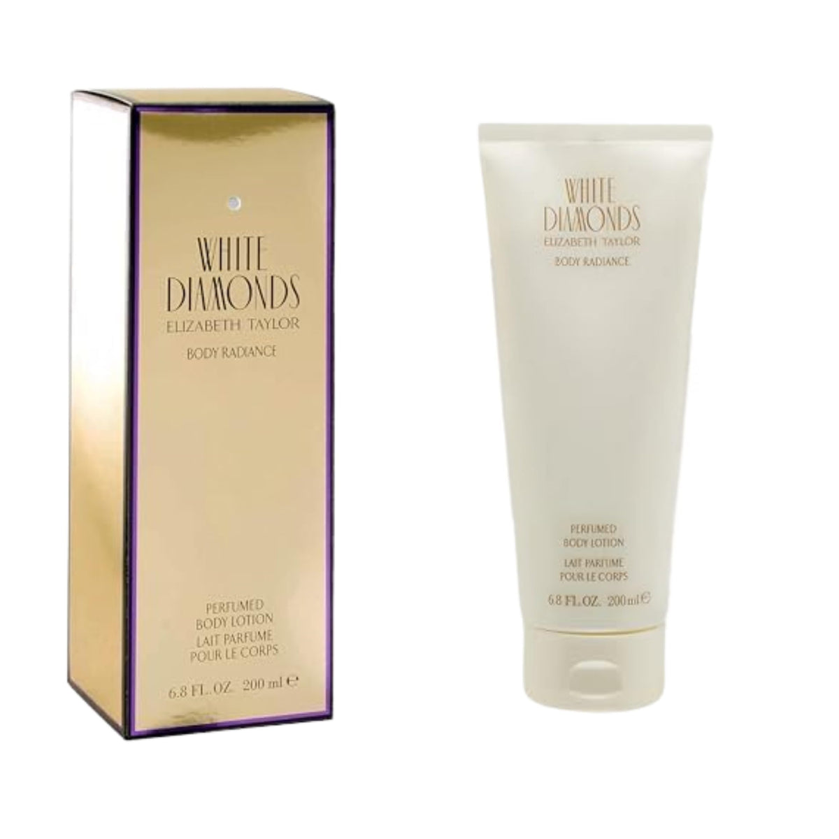 Elizabeth Taylor White Diamonds body lotion 6.8 oz packaging for daily nourishment and smooth skin.