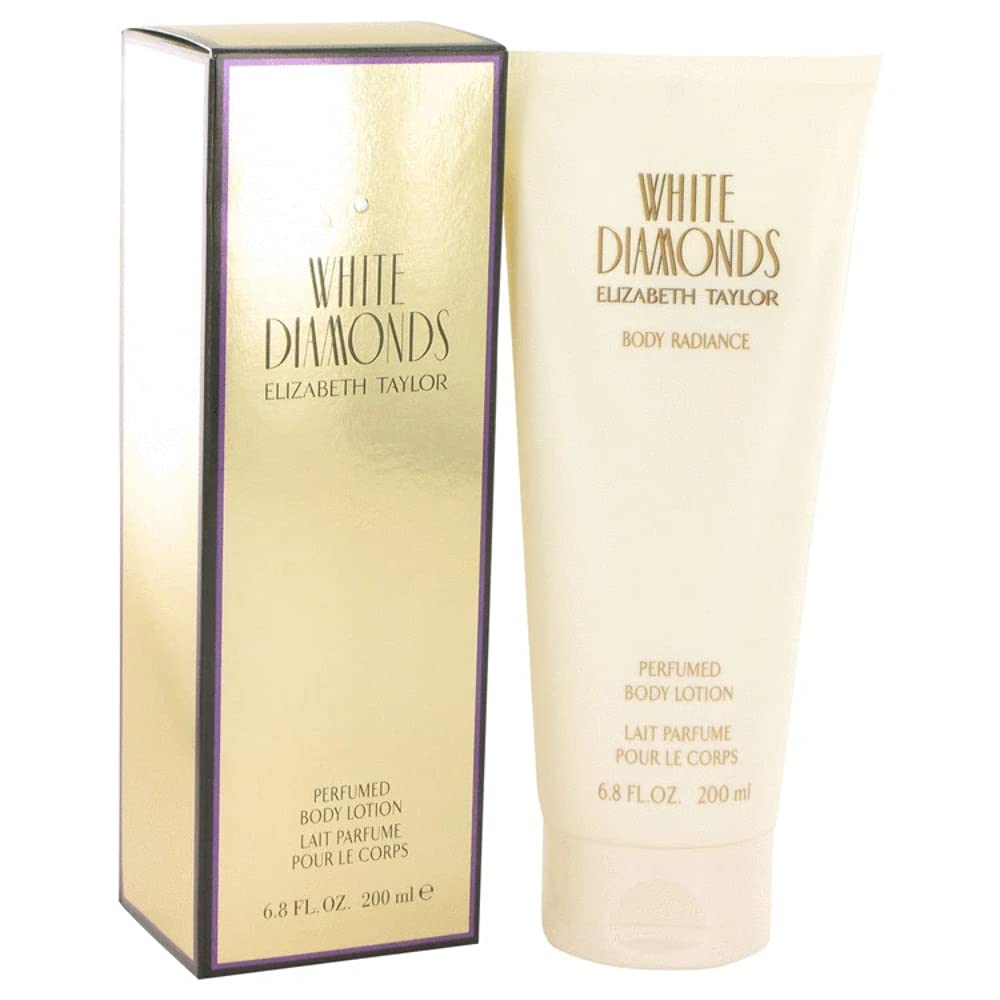 Elizabeth Taylor White Diamonds lotion bottle showcasing luminous floral scent for daily glamour.