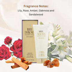Elizabeth Taylor White Diamonds body lotion packaging highlights premium branding
