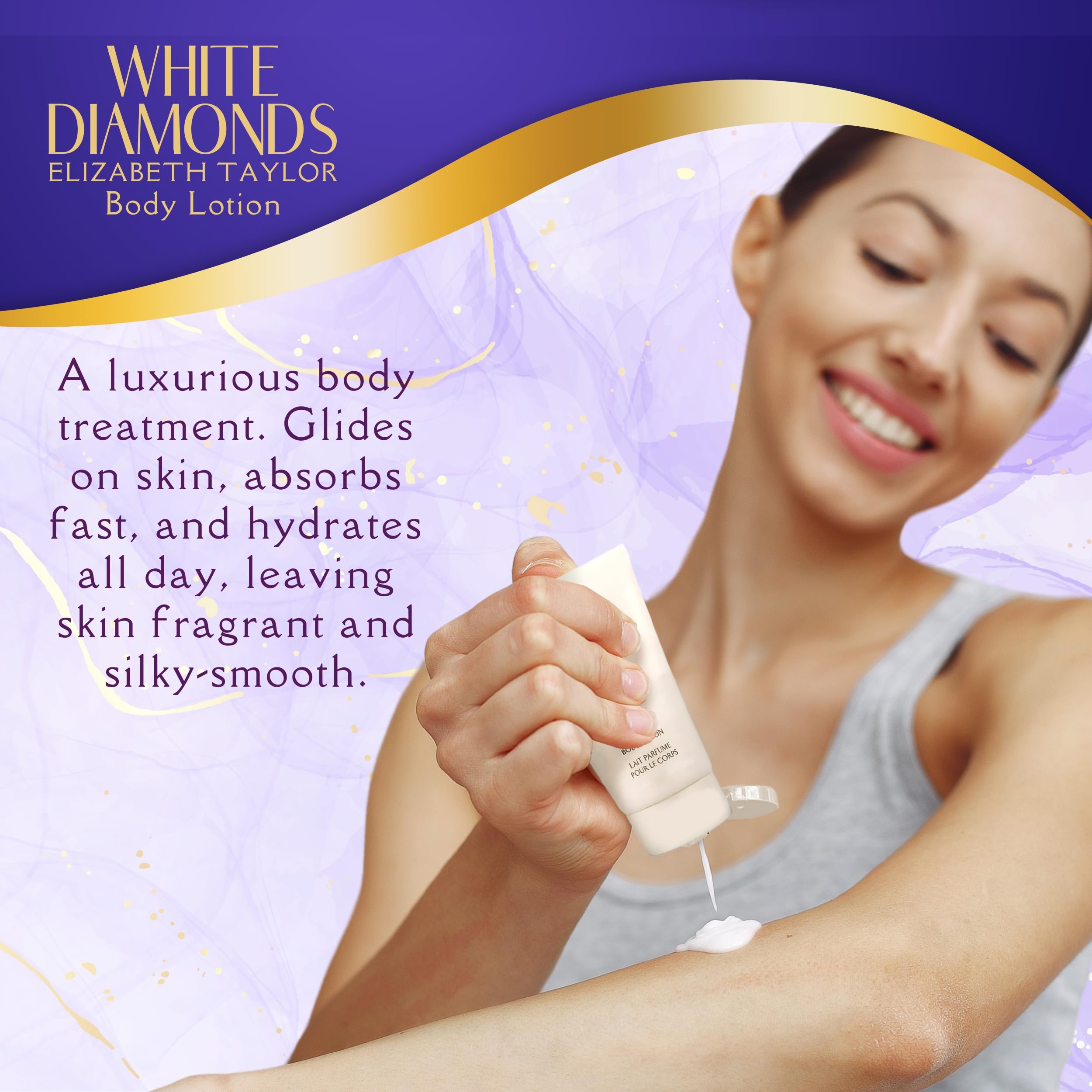 Elizabeth Taylor White Diamonds body lotion, silky hydration with signature scent.