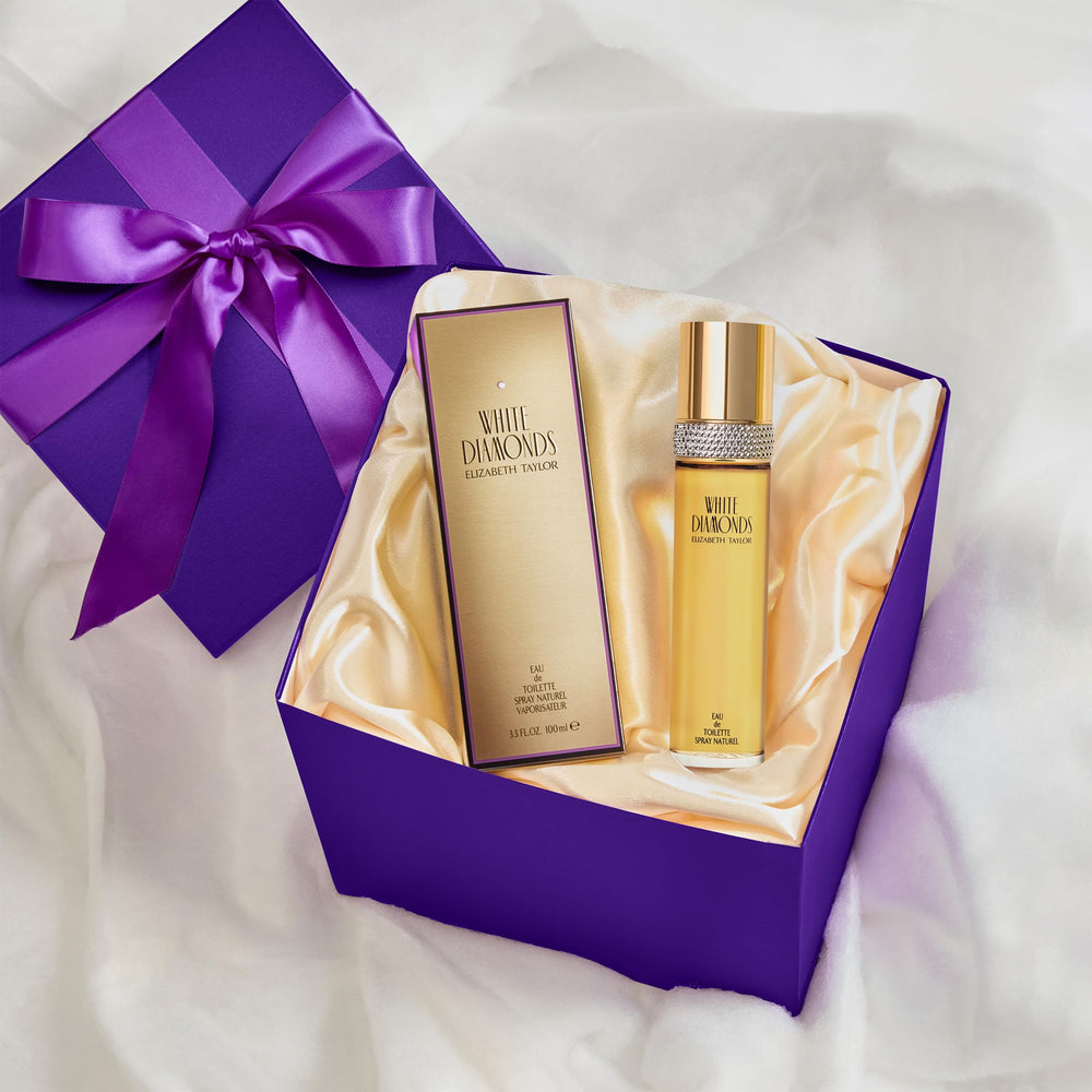 Elizabeth Taylor White Diamonds display shot on vanity elevating daily rituals.