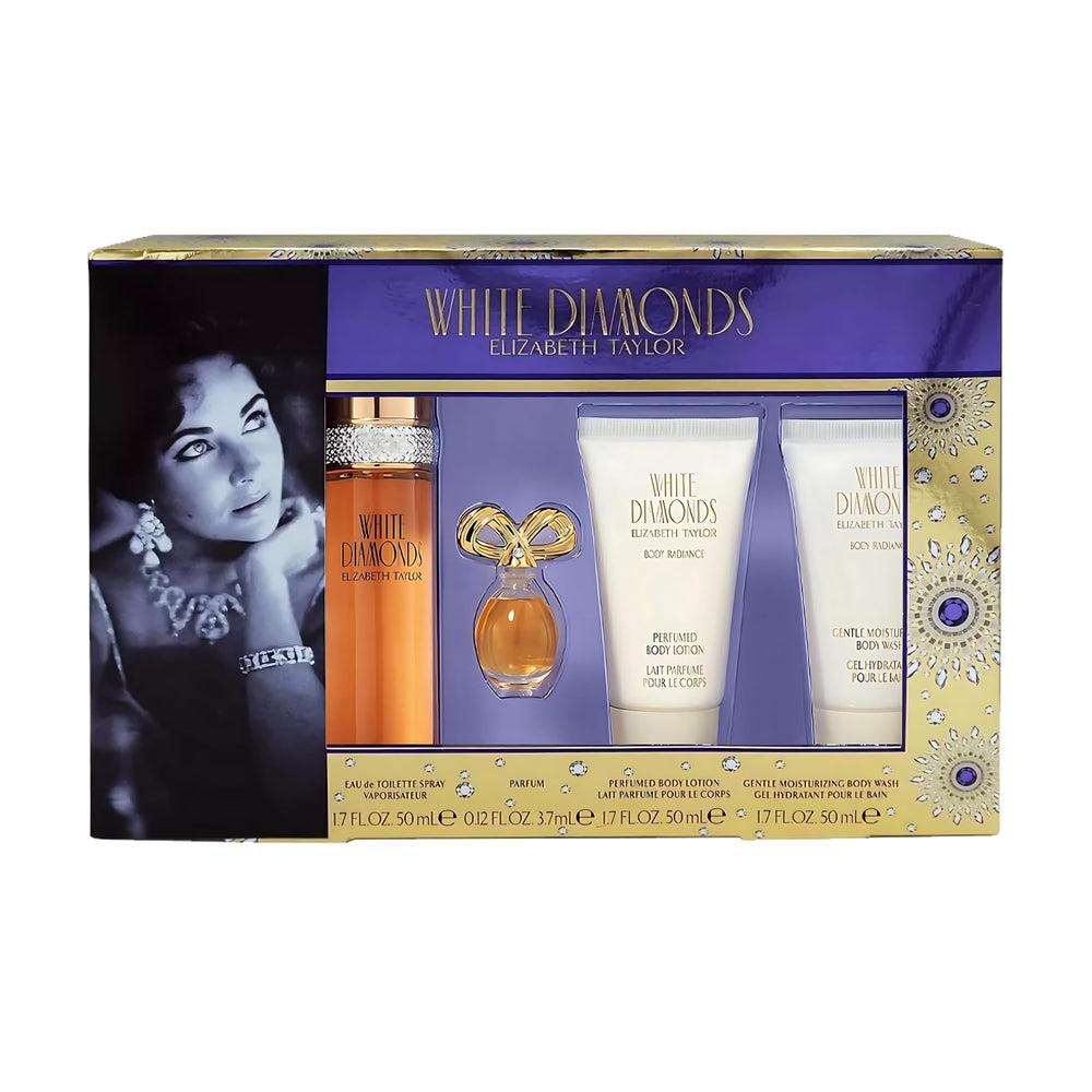 Elizabeth Taylor White Diamonds gift set on display showing versatile formats