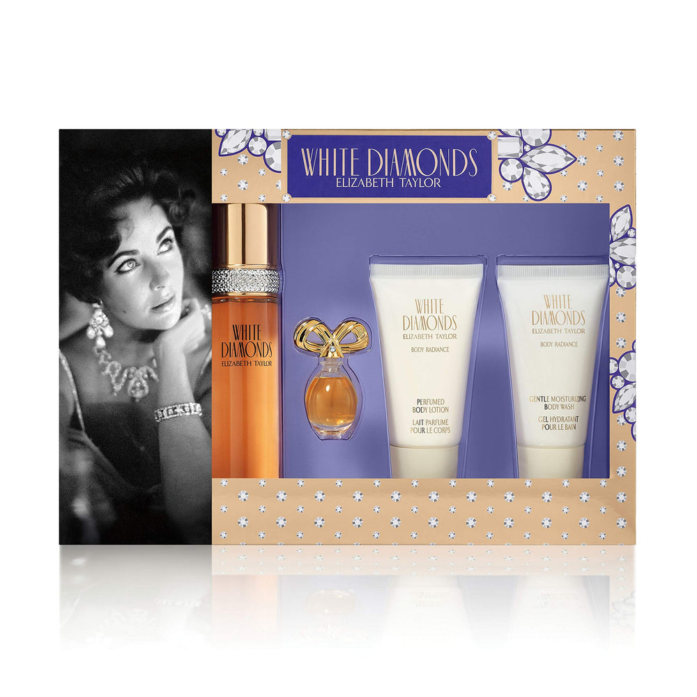 Elizabeth Taylor White Diamonds EDT bottle in gift set, ideal for daytime fragrance rituals.