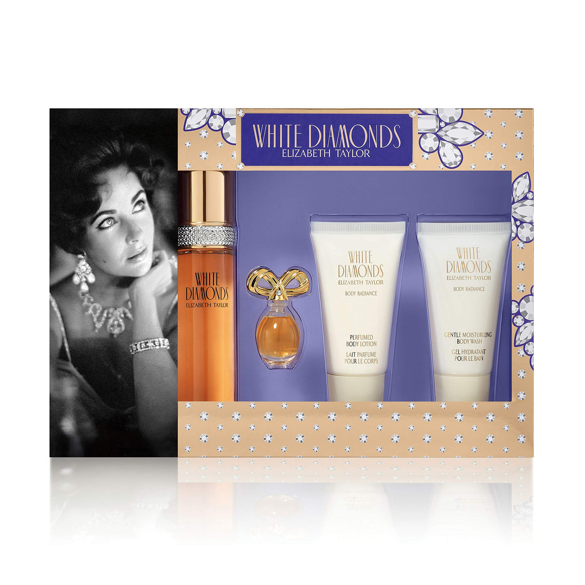 Elizabeth Taylor White Diamonds EDT bottle in gift set, ideal for daytime fragrance rituals.