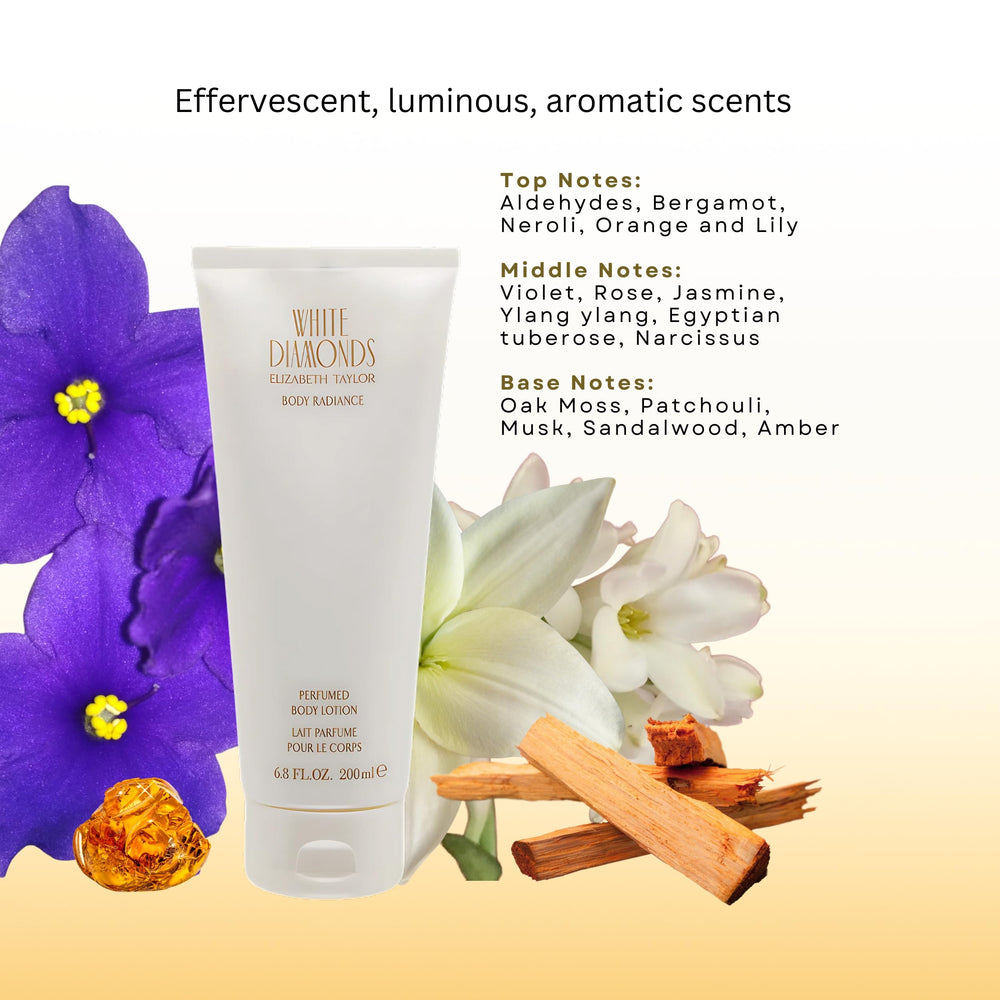 Elizabeth Taylor White Diamonds bottle label close-up emphasizing nourishing body cream.