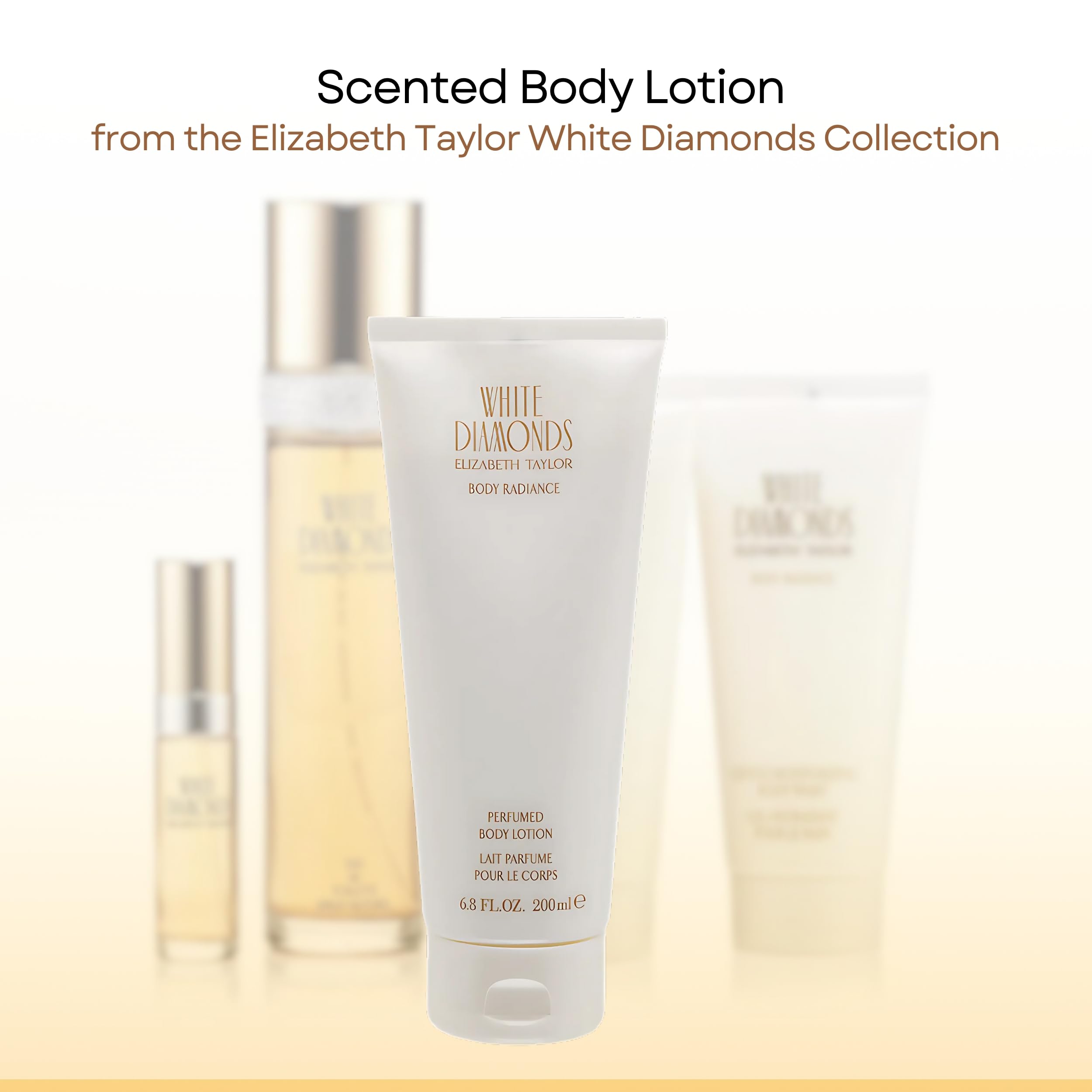Elizabeth Taylor White Diamonds lotion application showing creamy texture for quick hydration.