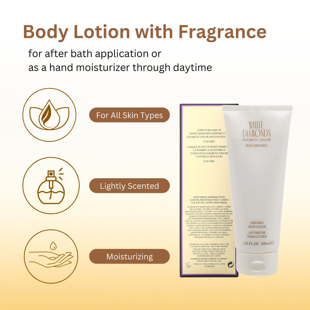 Elizabeth Taylor White Diamonds lotion texture close-up highlighting rich, non-greasy moisturization.