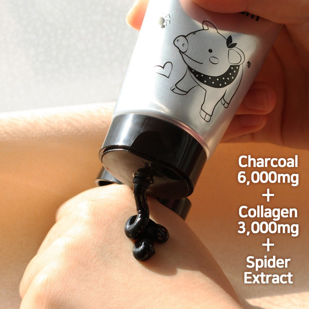 Elizavecca Milky Piggy Elastic Pore Charcoal Foam embossed label highlights charcoal cleanse formula.