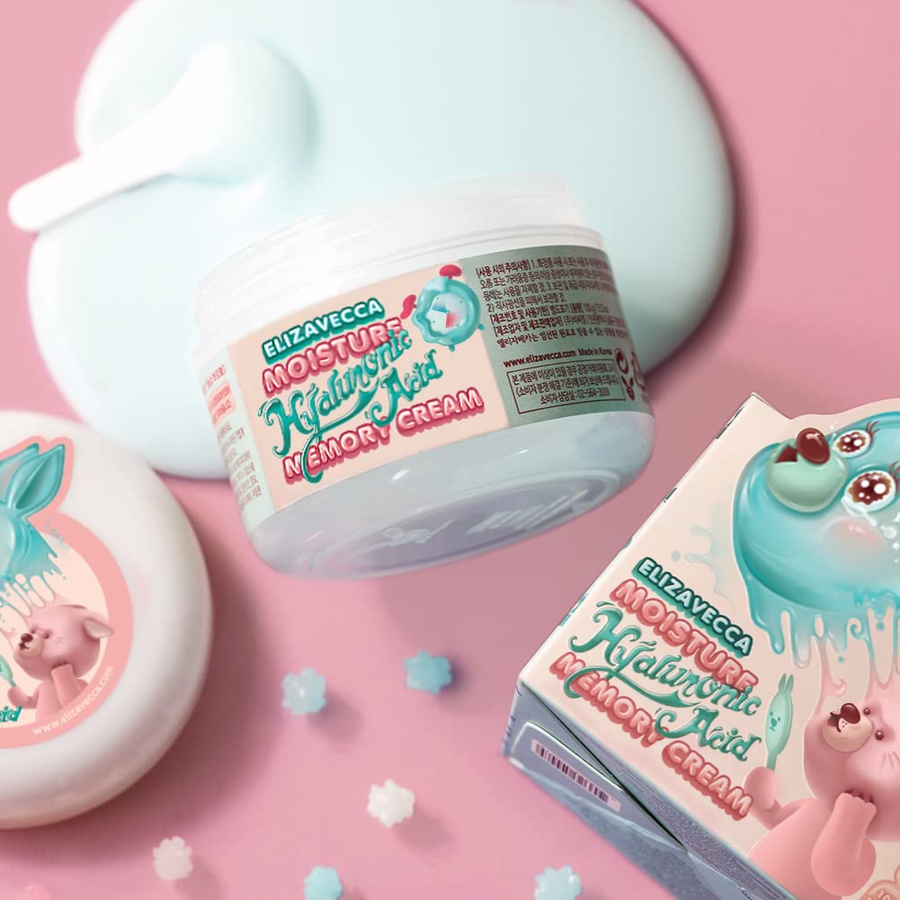 Elizavecca Moisture Hyaluronic Acid Memory Cream wrinkle-smoothing close-up suggests smoothing fine lines.