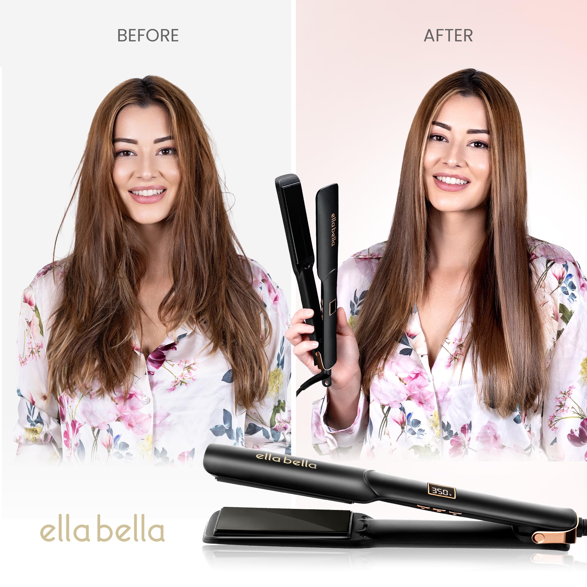 ELLA BELLA Ceramic Flat Iron side view highlighting floating plates for even heat distribution