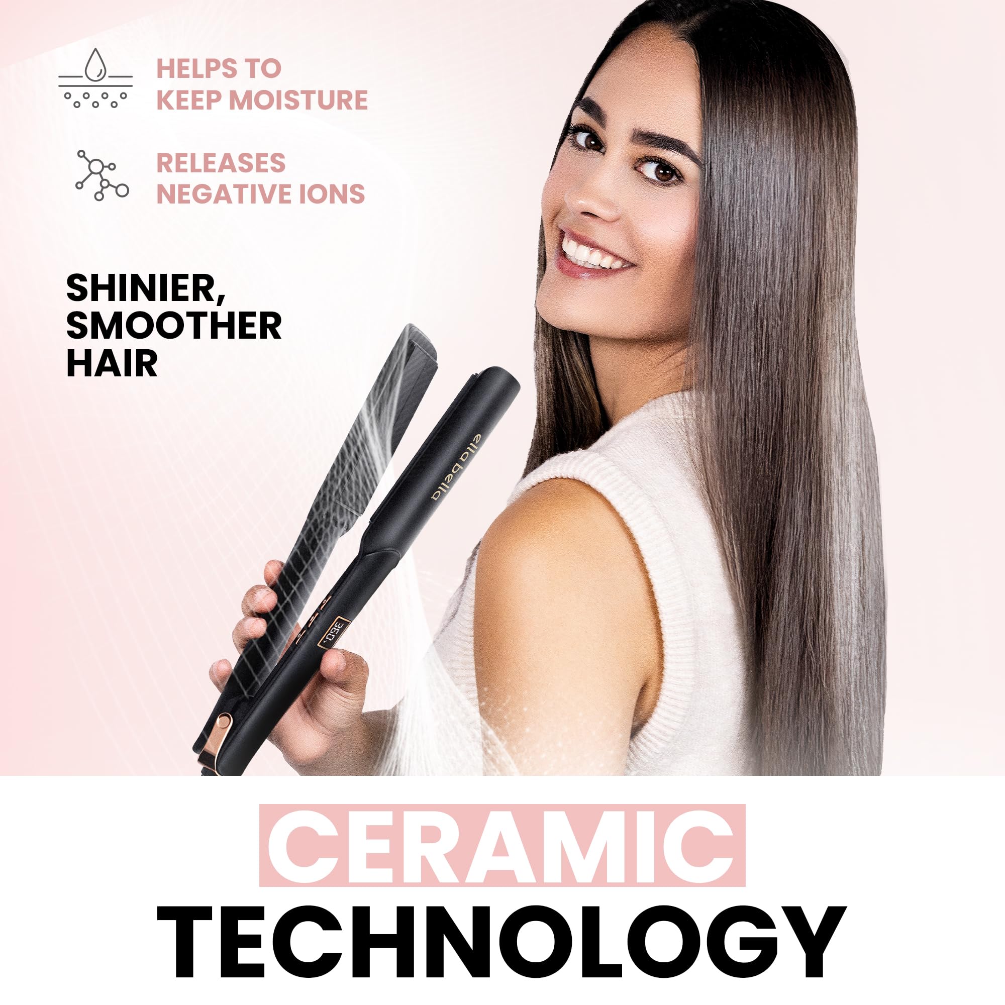 ELLA BELLA Ceramic Flat Iron with styling glove for professional-grade at-home styling