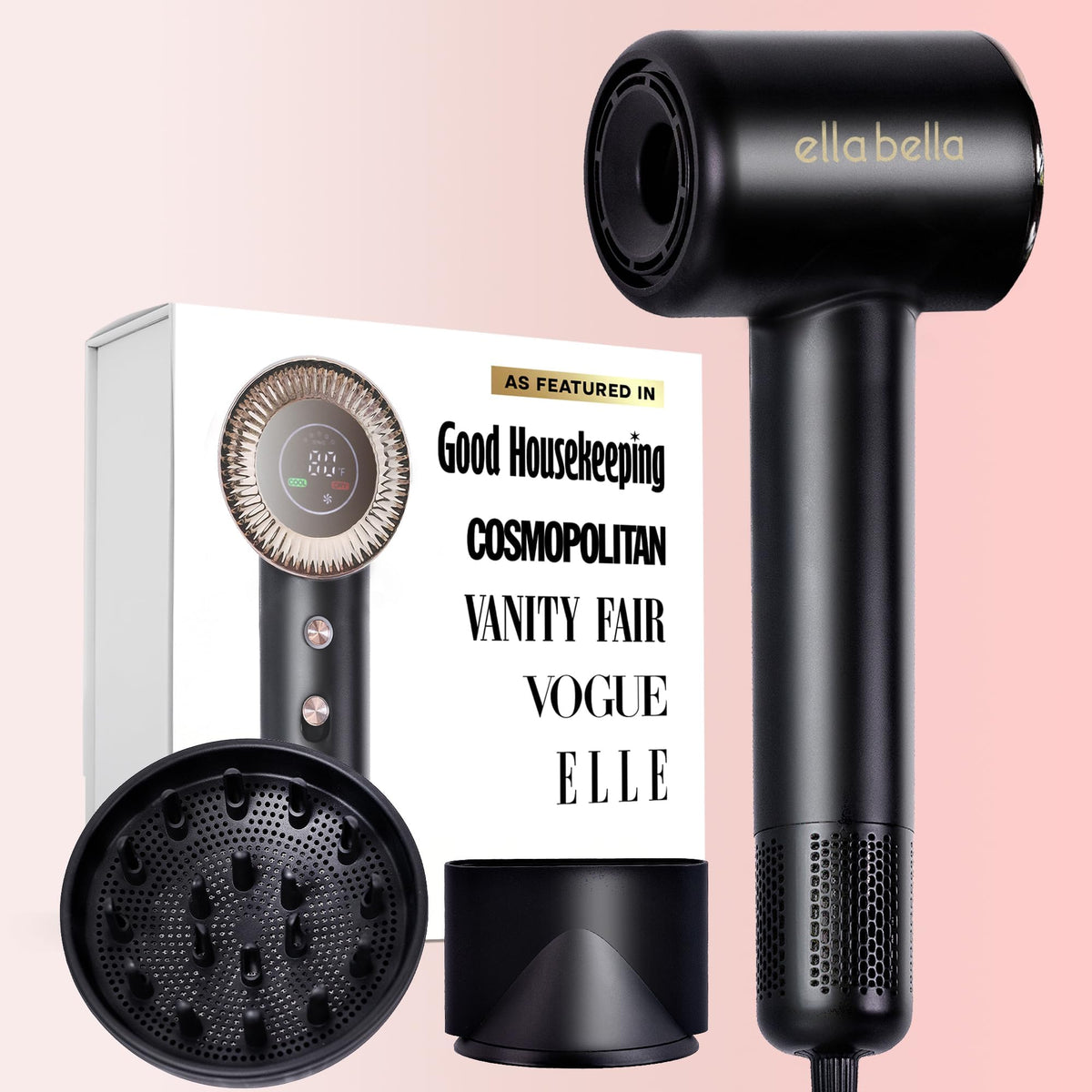 ELLA BELLA compact plasma dryer front view for fast frizz-free drying.