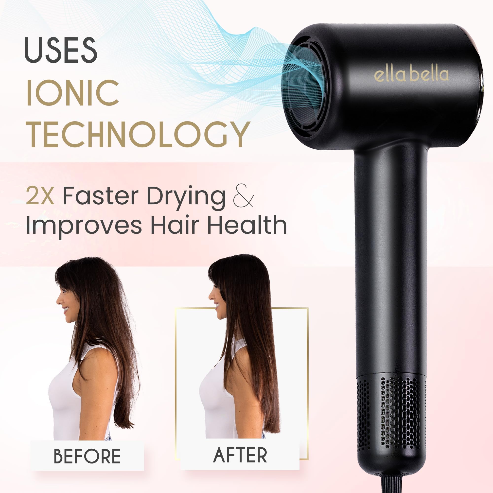 ELLA BELLA compact plasma dryer handheld use for on-the-go styling.