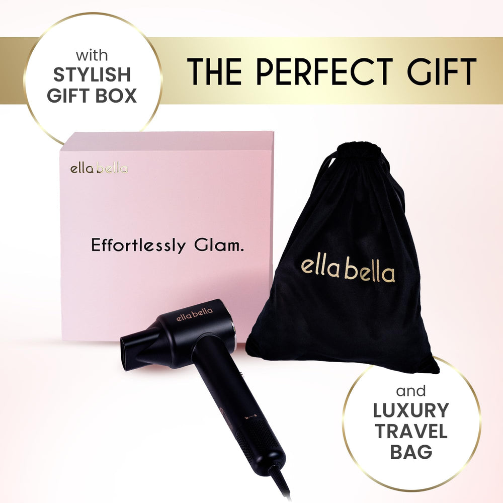 ELLA BELLA velvet travel bag shown with compact dryer for travel-ready storage.