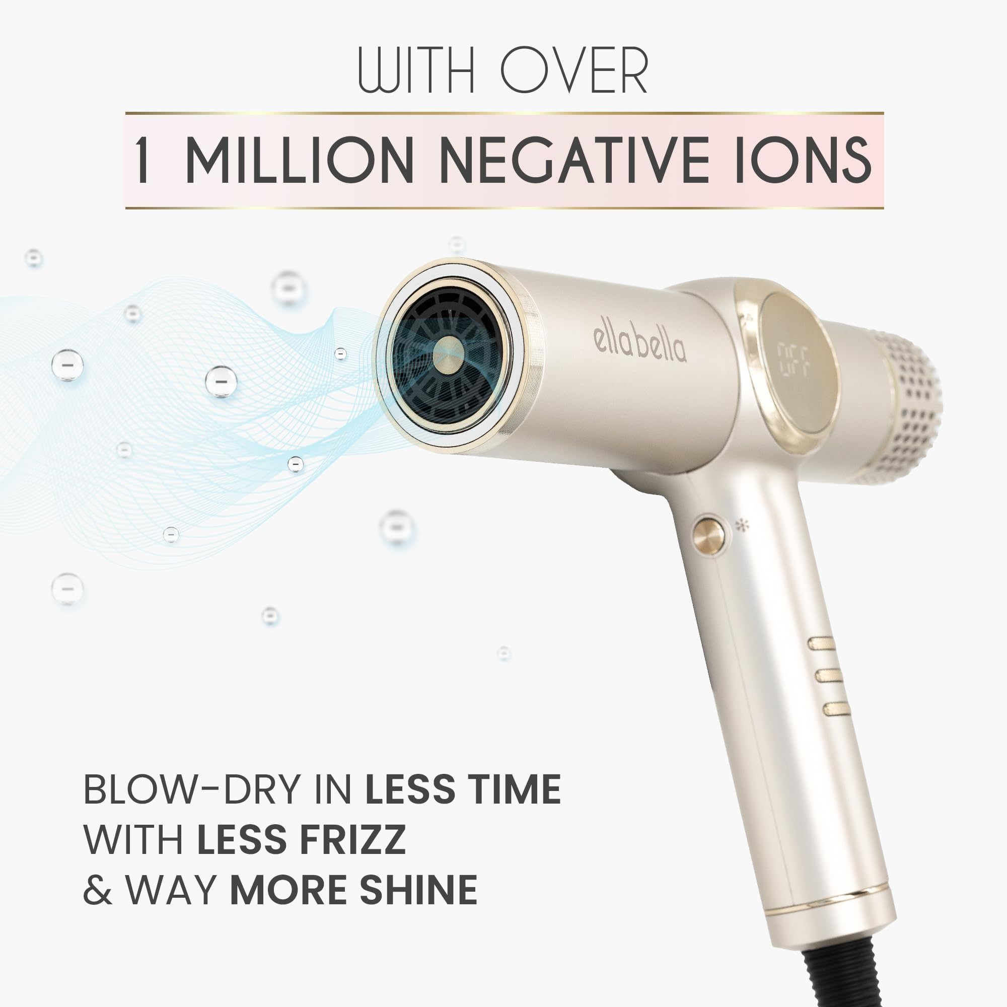 ELLA BELLA ionic hair dryer with magnetic nozzles for versatile styling.