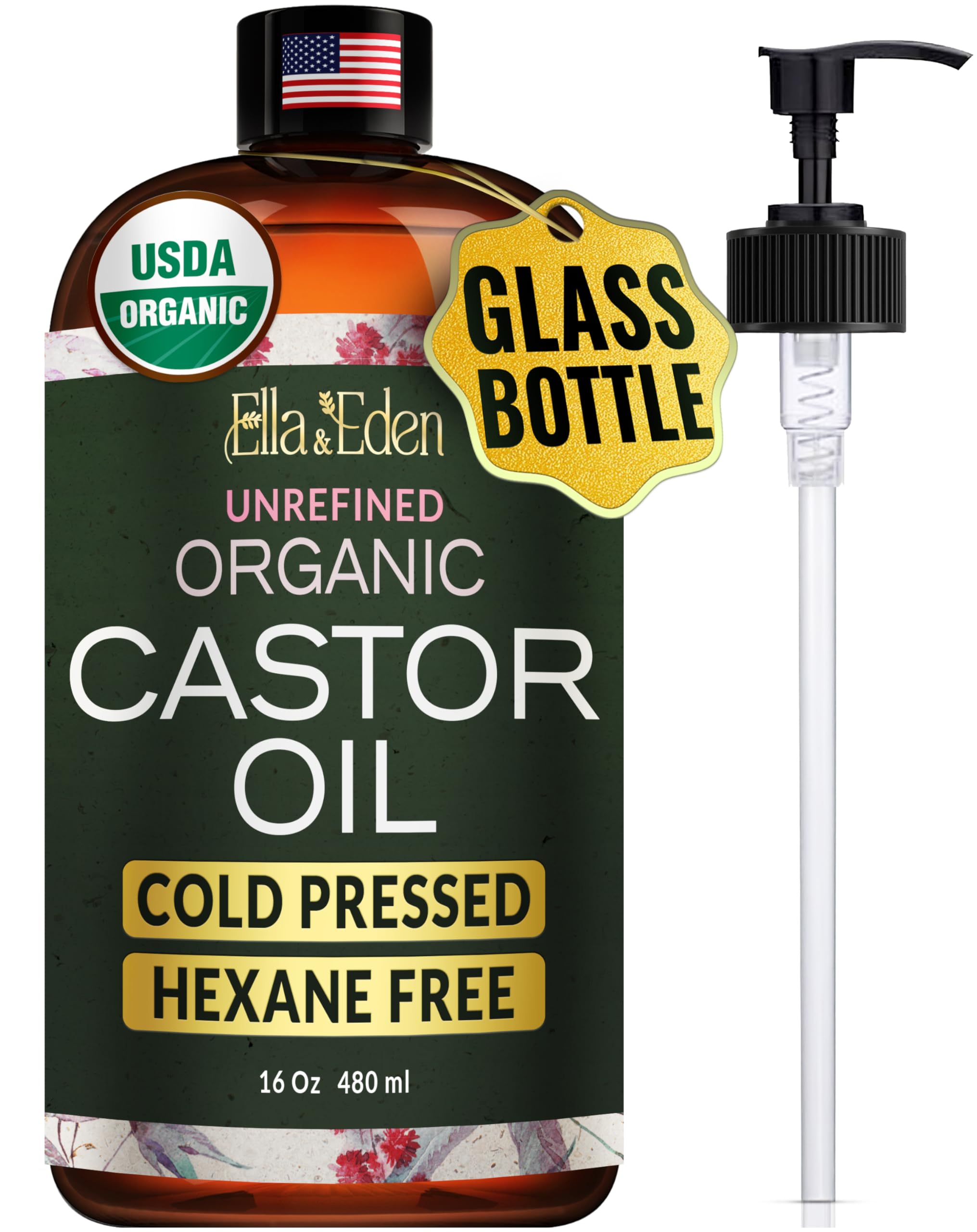 Ella & Eden castor oil bottle closeup showcasing premium cold-pressed formula for skin hydration.