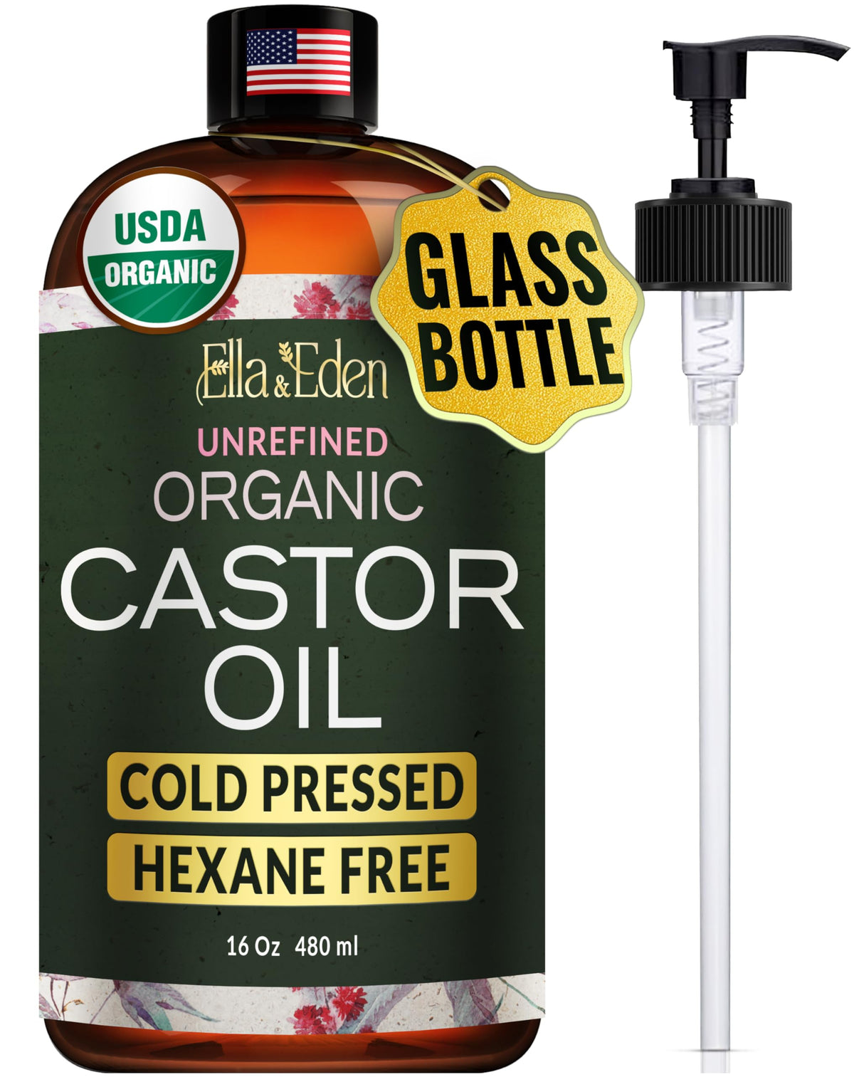 Ella & Eden castor oil bottle closeup showcasing premium cold-pressed formula for skin hydration.