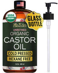 Ella & Eden castor oil bottle closeup showcasing premium cold-pressed formula for skin hydration.