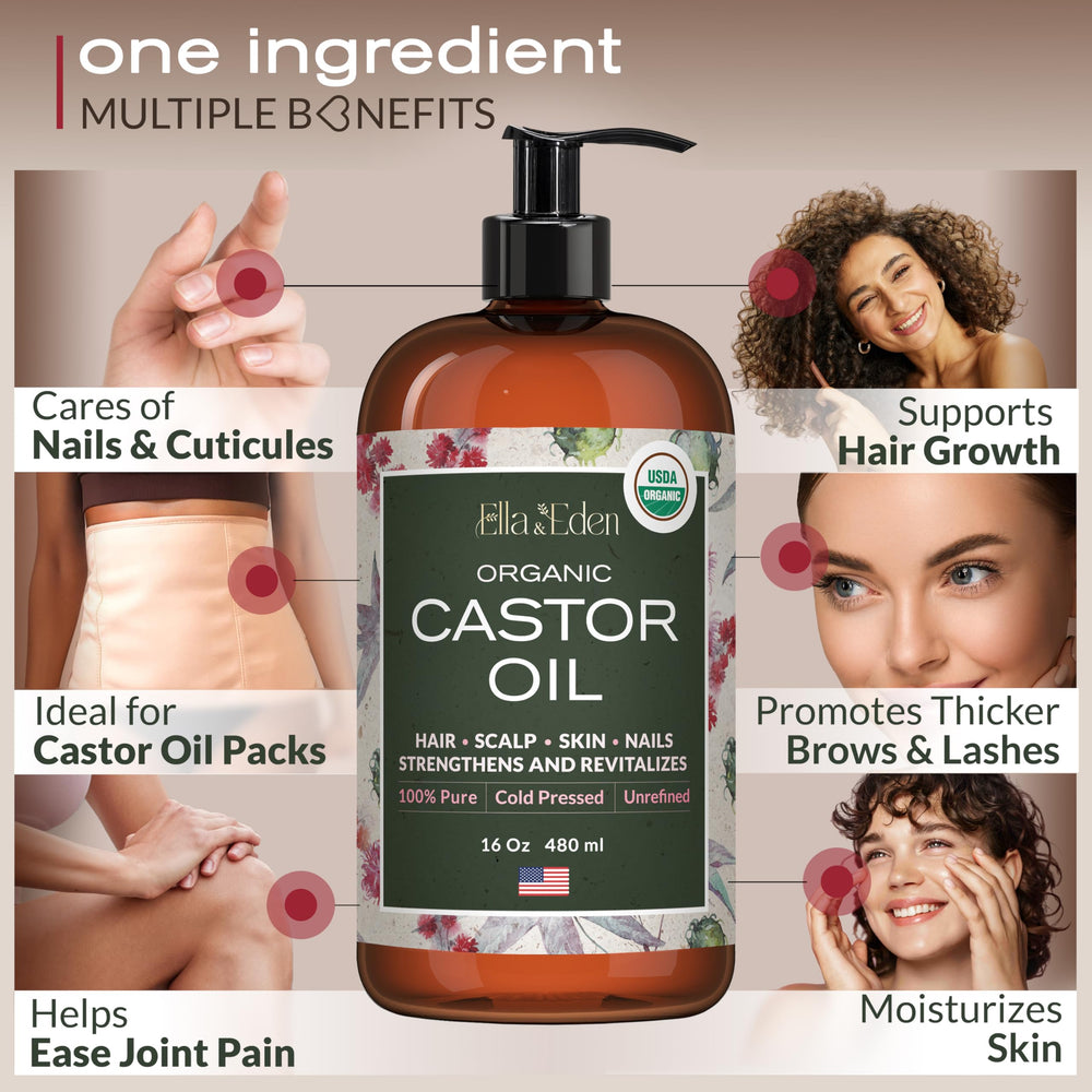 Ella & Eden castor oil face application highlights soothing facial moisture benefits.