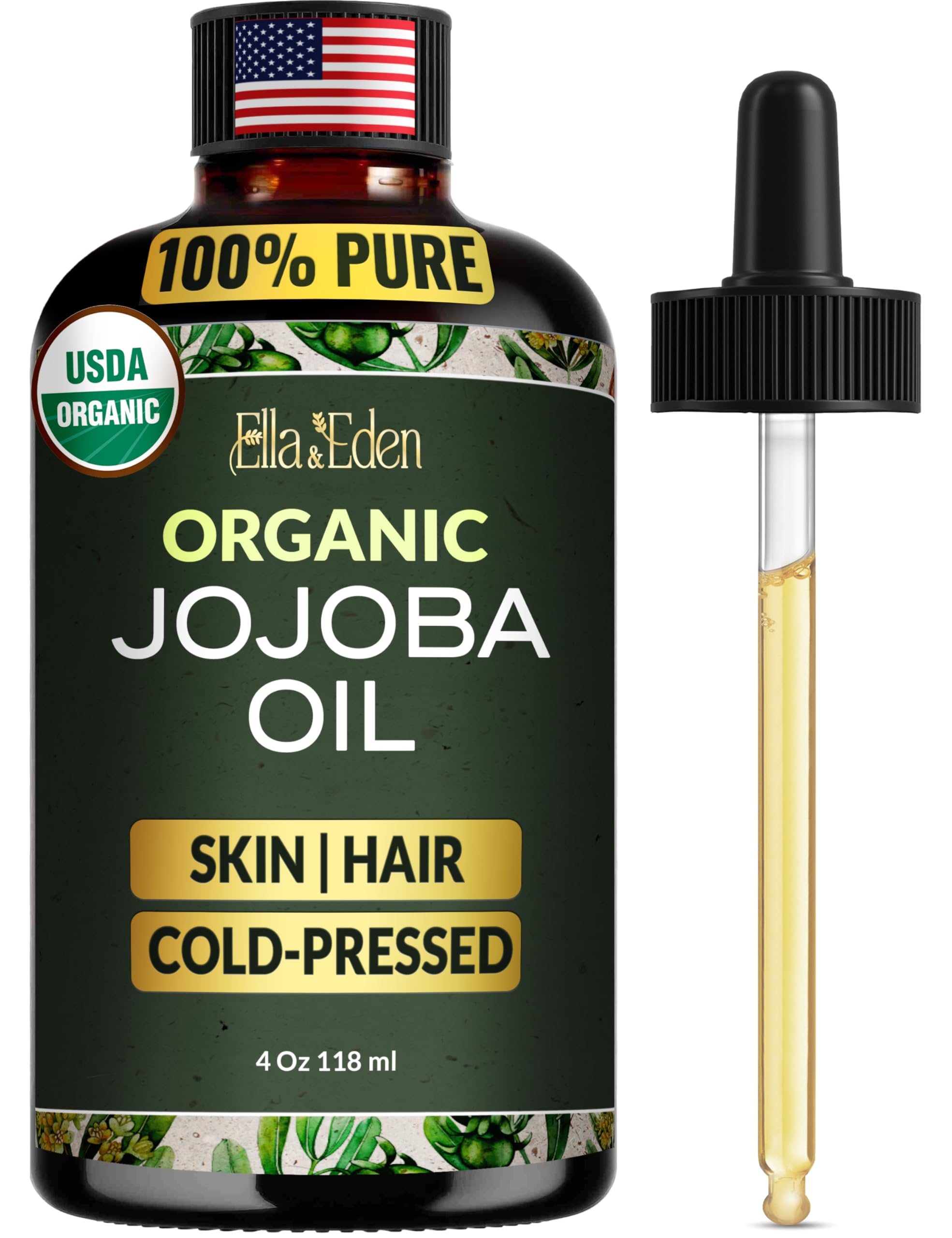 Ella & Eden jojoba oil bottle pour showing smooth, skin-hydrating application.