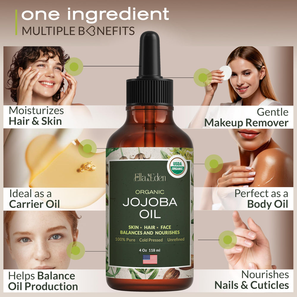 Ella & Eden jojoba oil skincare application demonstrates non-greasy moisturization.