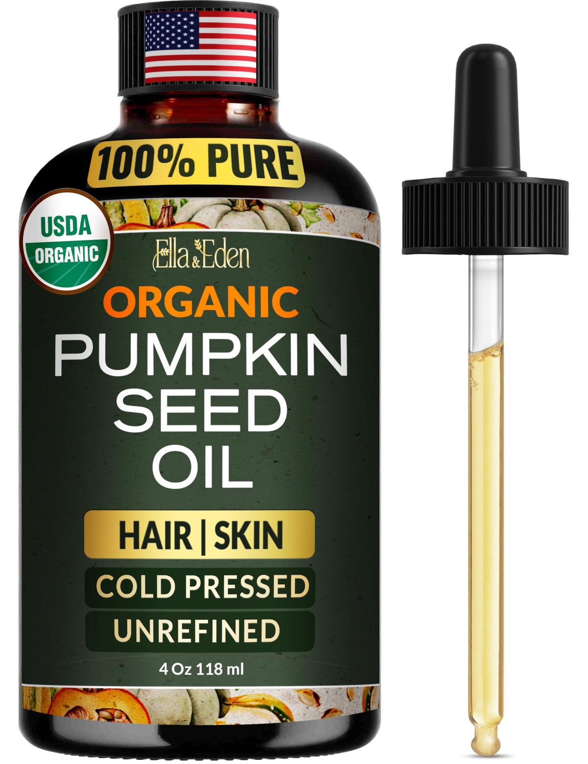 Ella & Eden pumpkin seed oil bottle close-up highlighting purity and hexane-free formula