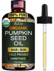 Ella & Eden pumpkin seed oil bottle close-up highlighting purity and hexane-free formula