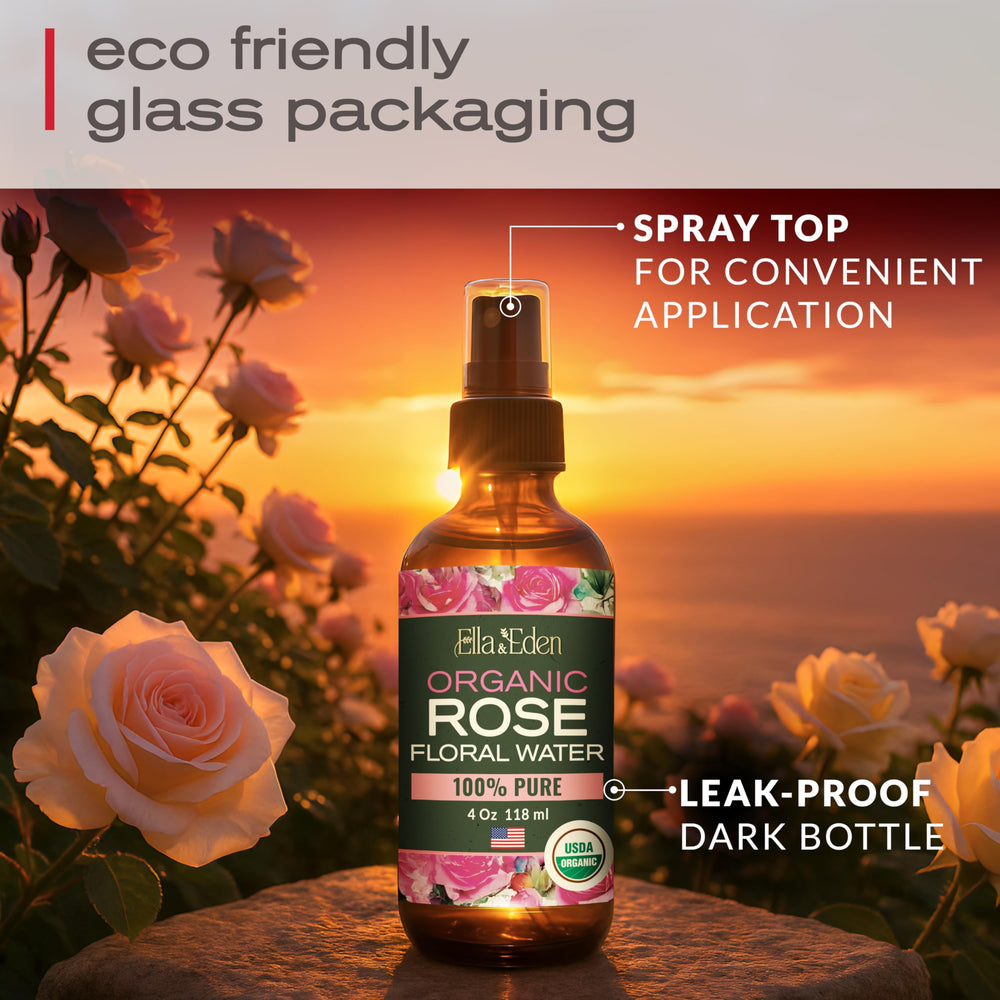 Ella & Eden rose-water spray on face demonstrates cooling hydration and refreshed feel.