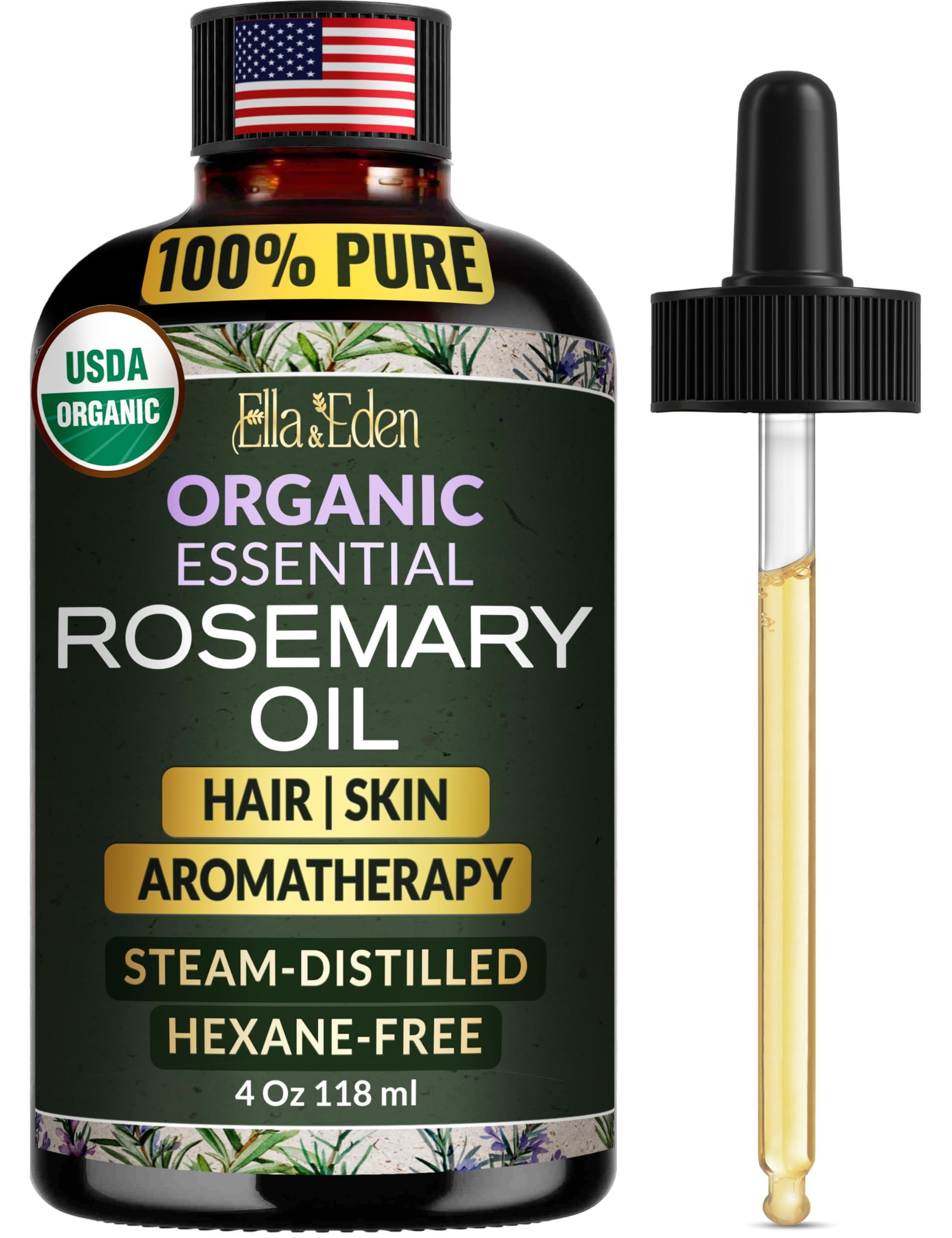 Ella & Eden rosemary oil bottle 4oz closeup for hair growth support and skin care.