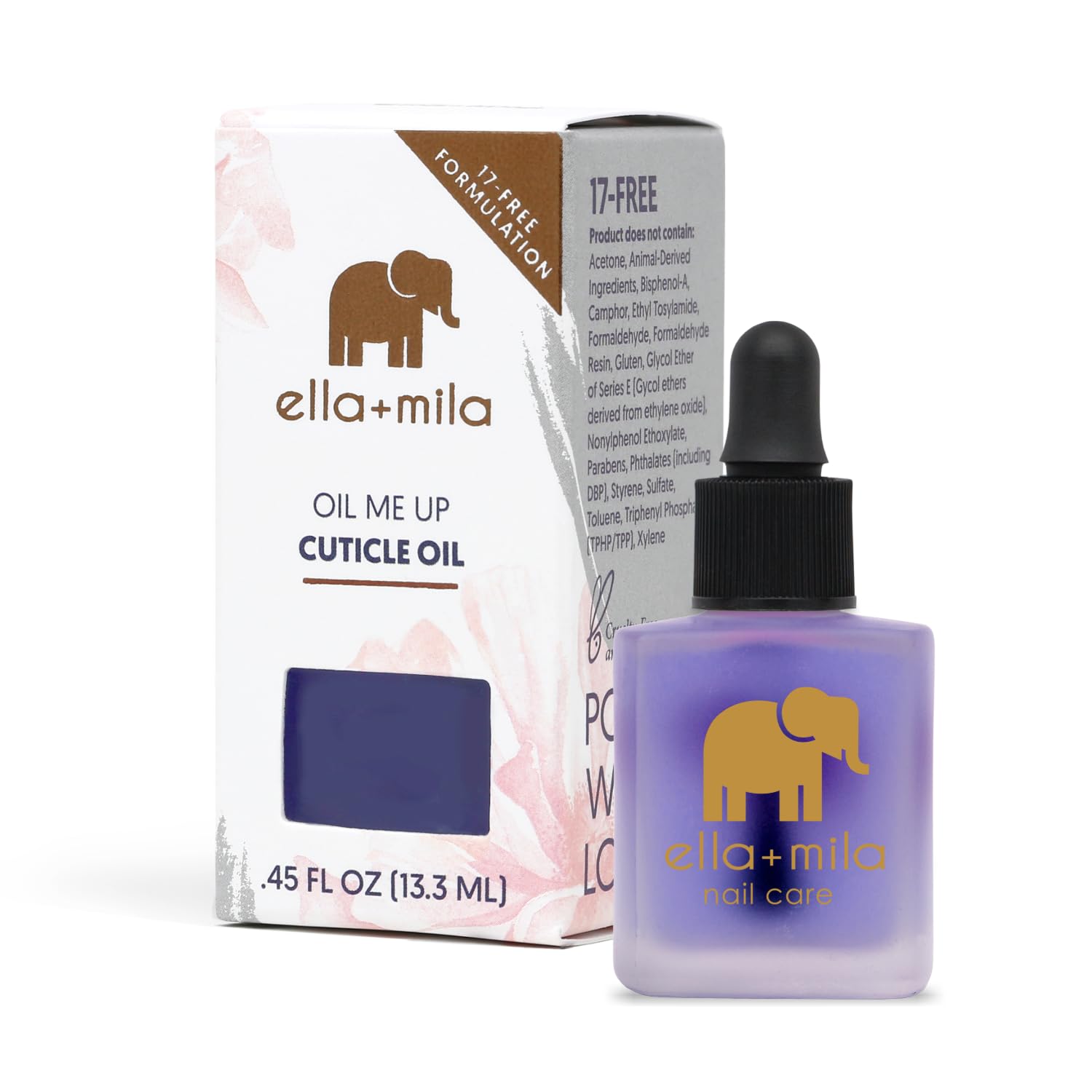 ella-mila premium cuticle oil bottle closeup emphasizes nourishing formula for nails.