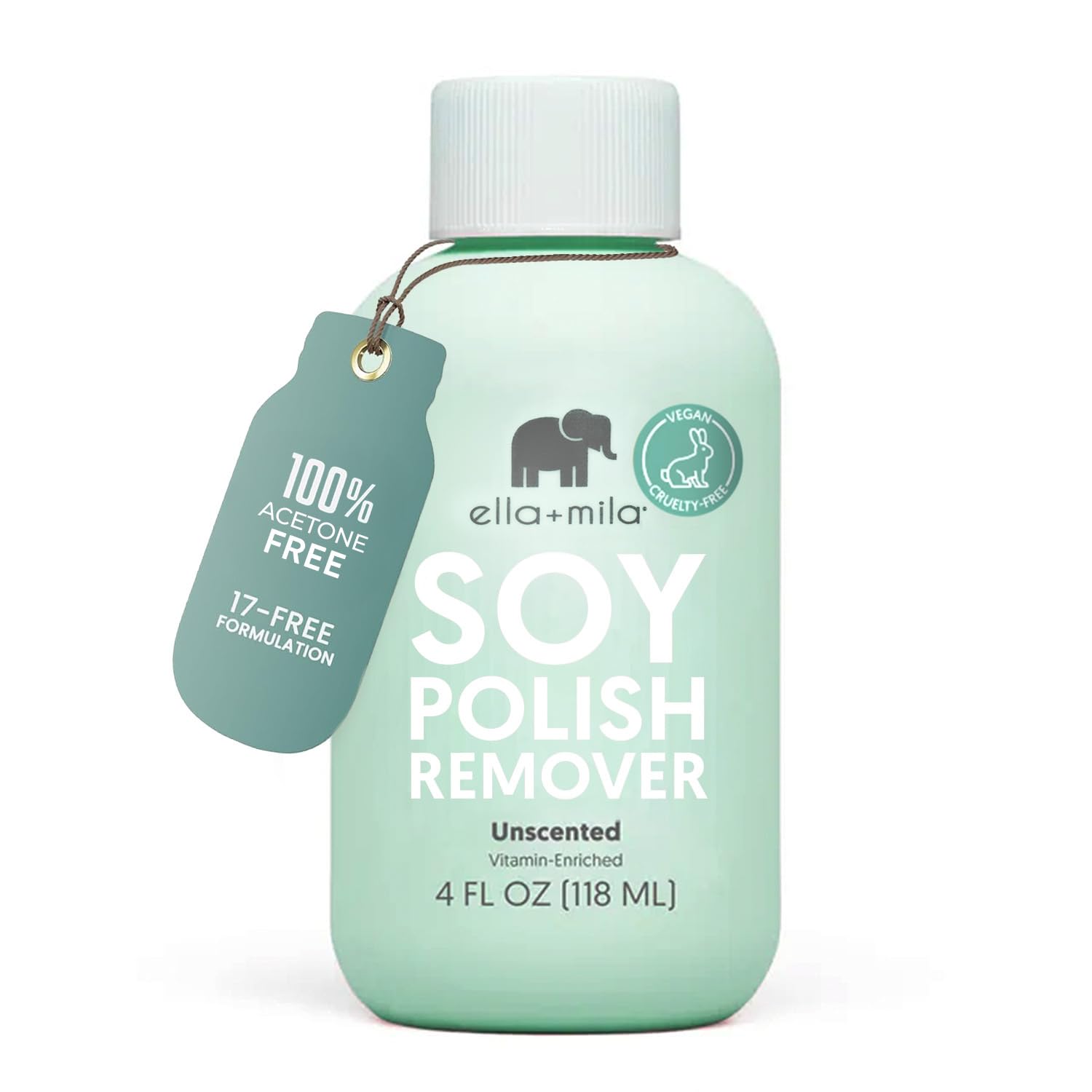 ella+mila soy nail polish remover bottle showcases unscented non-acetone formula for gentle care