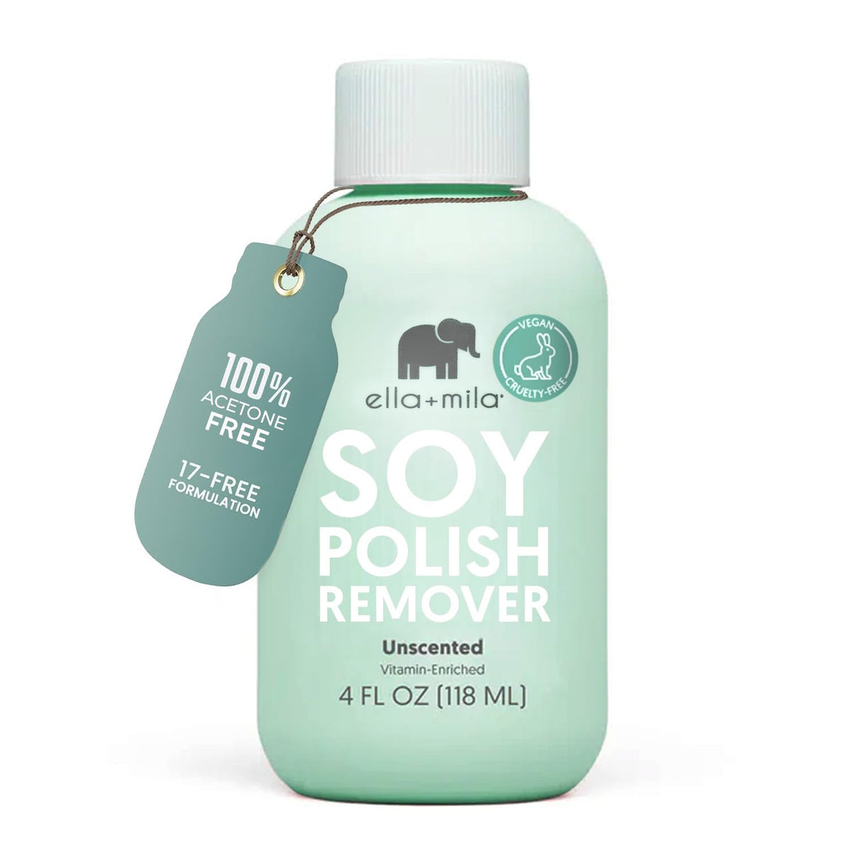 ella+mila soy nail polish remover bottle showcases unscented non-acetone formula for gentle care