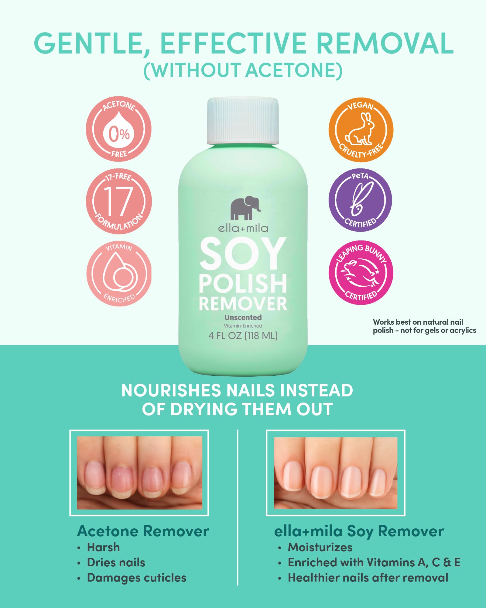 ella+mila soy nail polish remover ingredients highlight vitamins A, C & E for nail nourishment