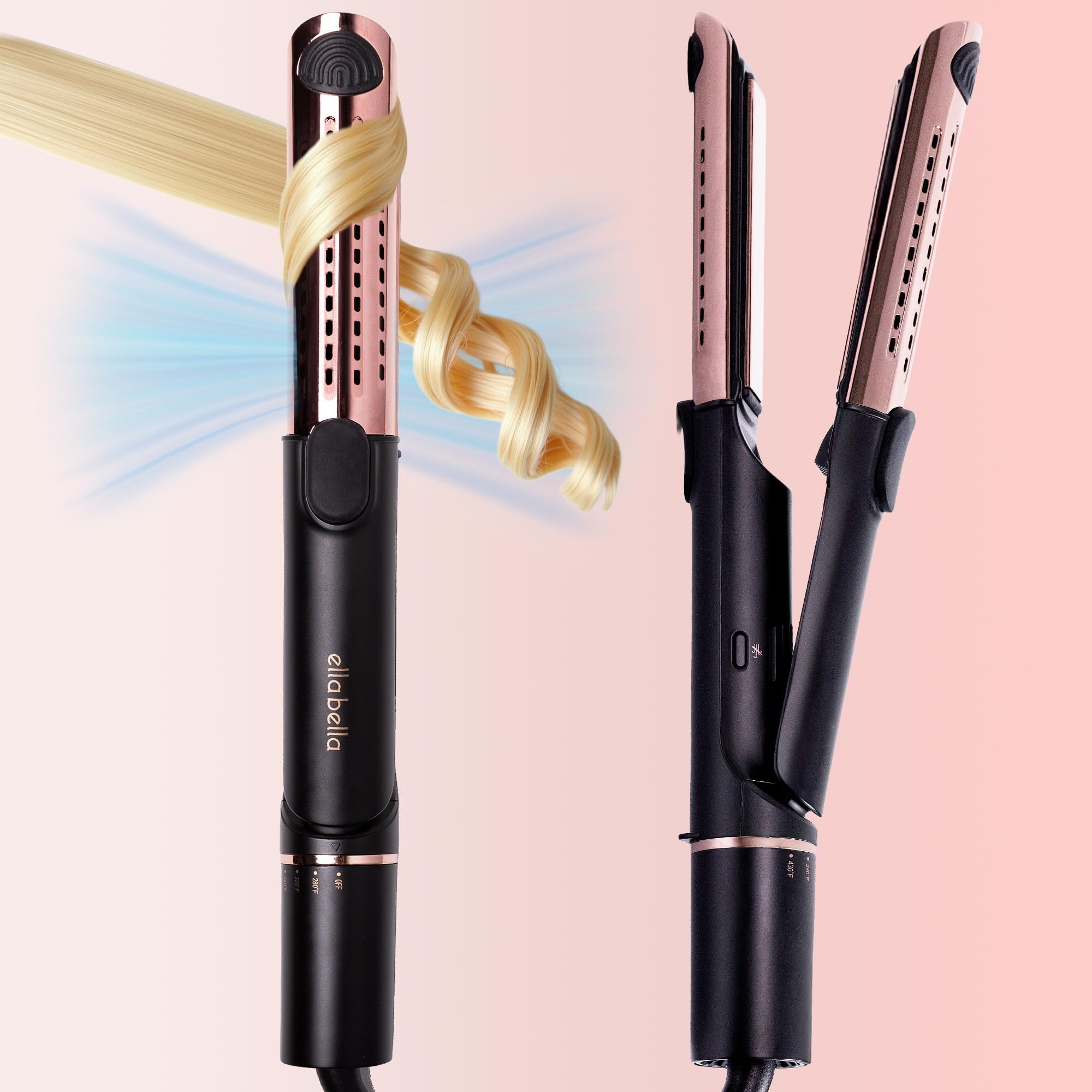 ELLA BELLA 2-in-1 hair straightener and air curler with flatiron design for versatile styling.