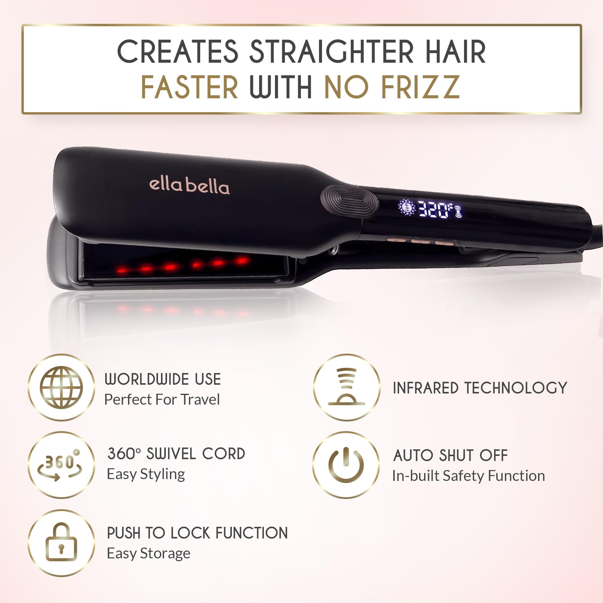 ELLA BELLA Titanium Flat Iron worldwide dual voltage for travel styling
