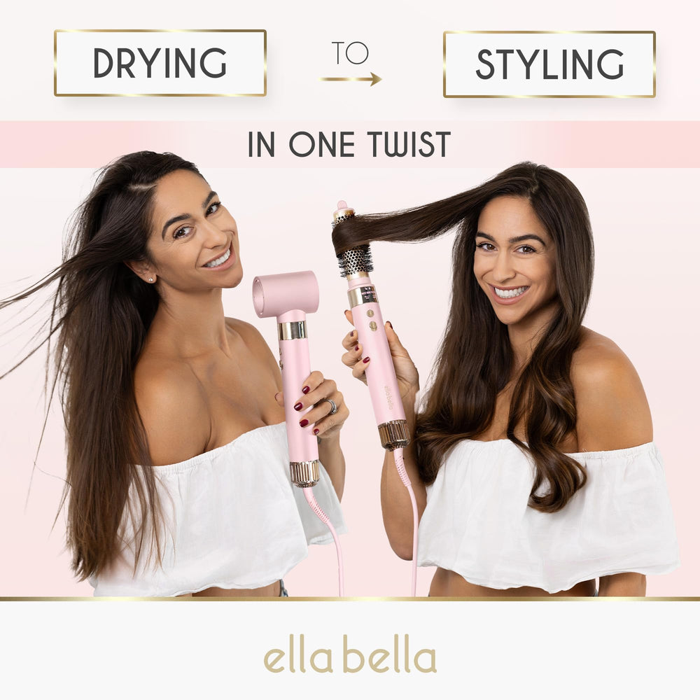 ELLA BELLA negative ion technology image conveys anti-frizz shine and smoother results.