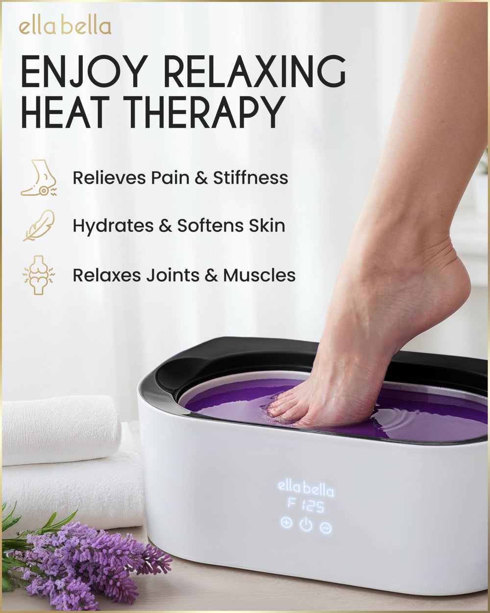 ELLA BELLA paraffin wax machine in use during session softens skin with warmth.
