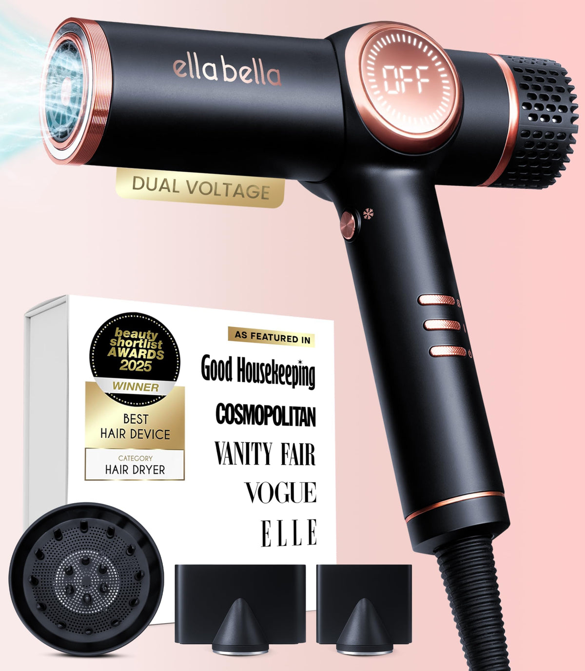 ELLA BELLA professional ionic hair dryer with diffuser attached for frizz control